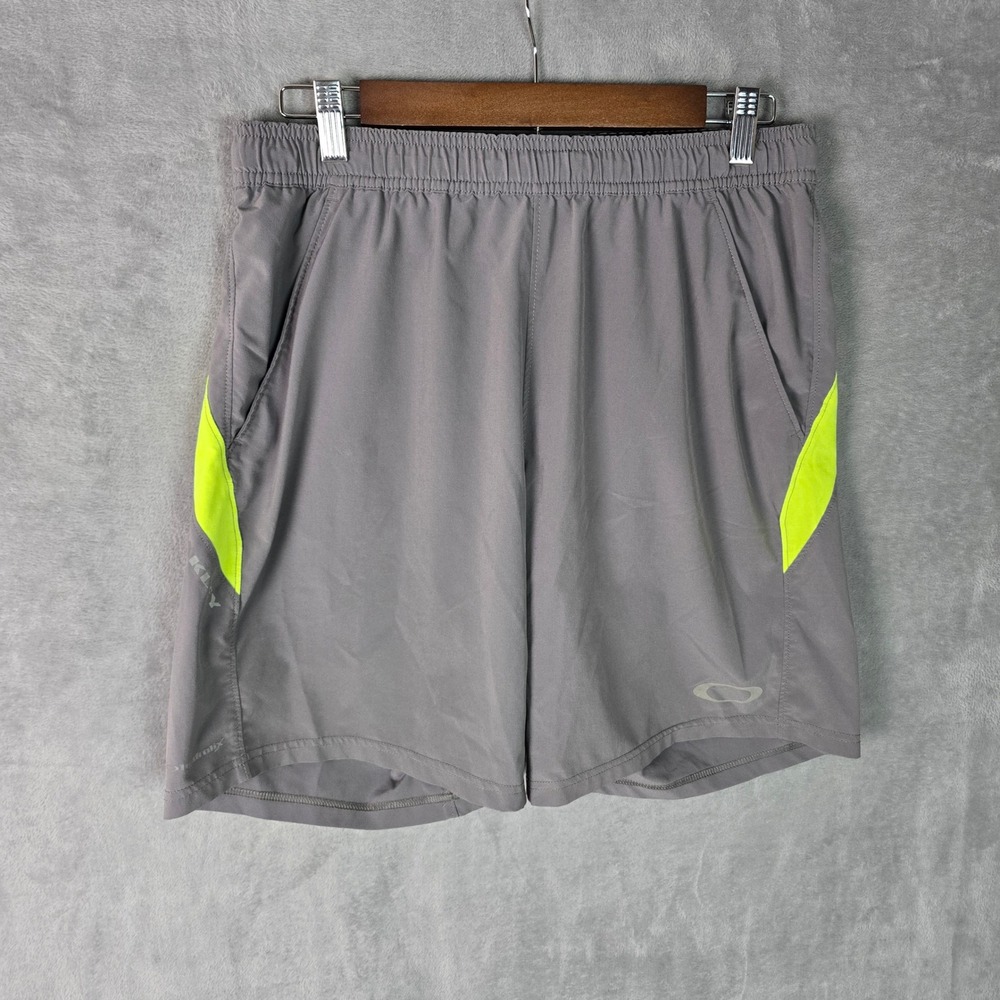 Oakley Hydrolix Mens Athletic Shorts Grey Neon Yellow Size Medium 08359 Training